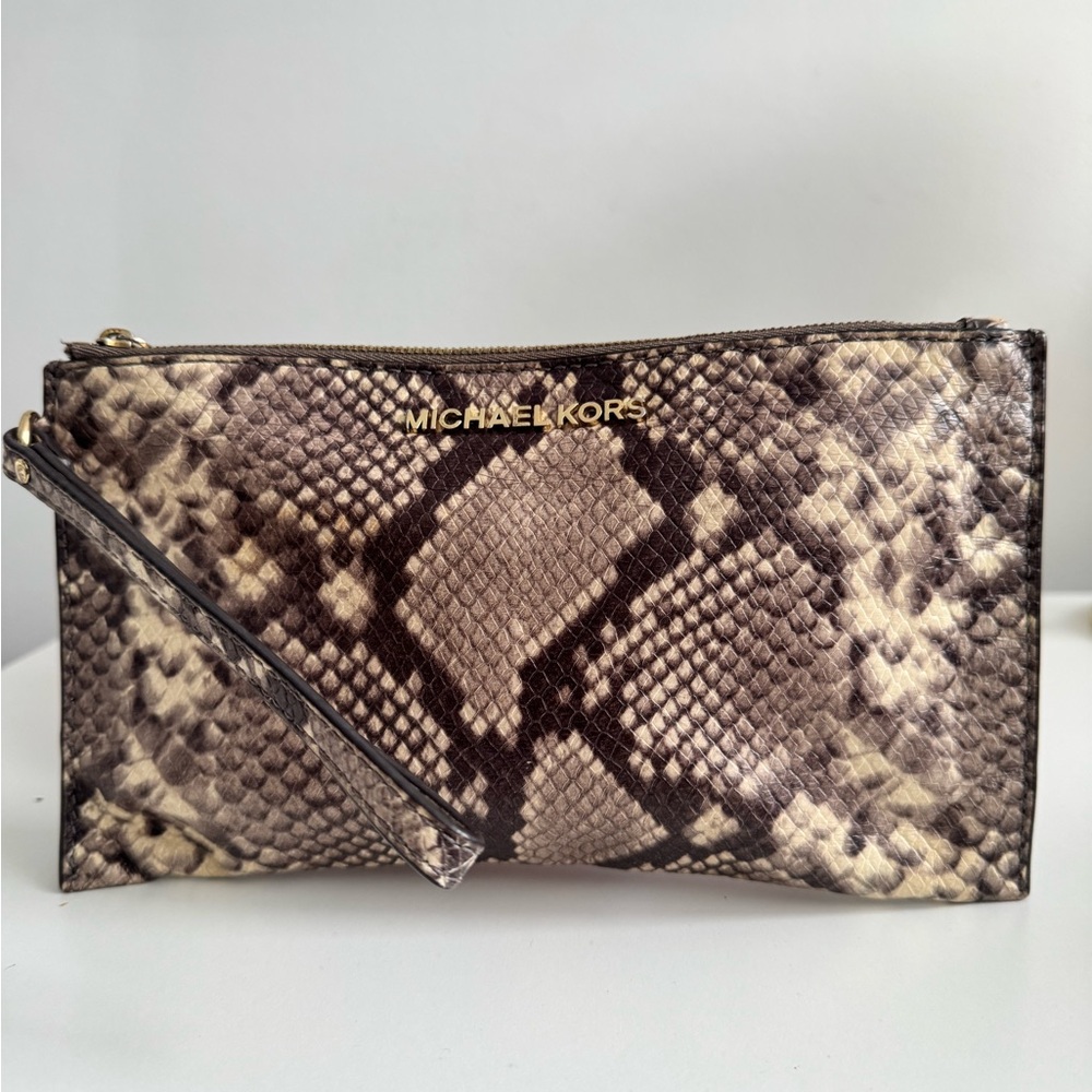 Michael Kors Python Pattern Wristlet - Brown and Cream